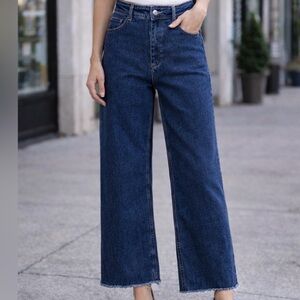 Zara Dark Blue Wide Leg Raw Hem Jeans